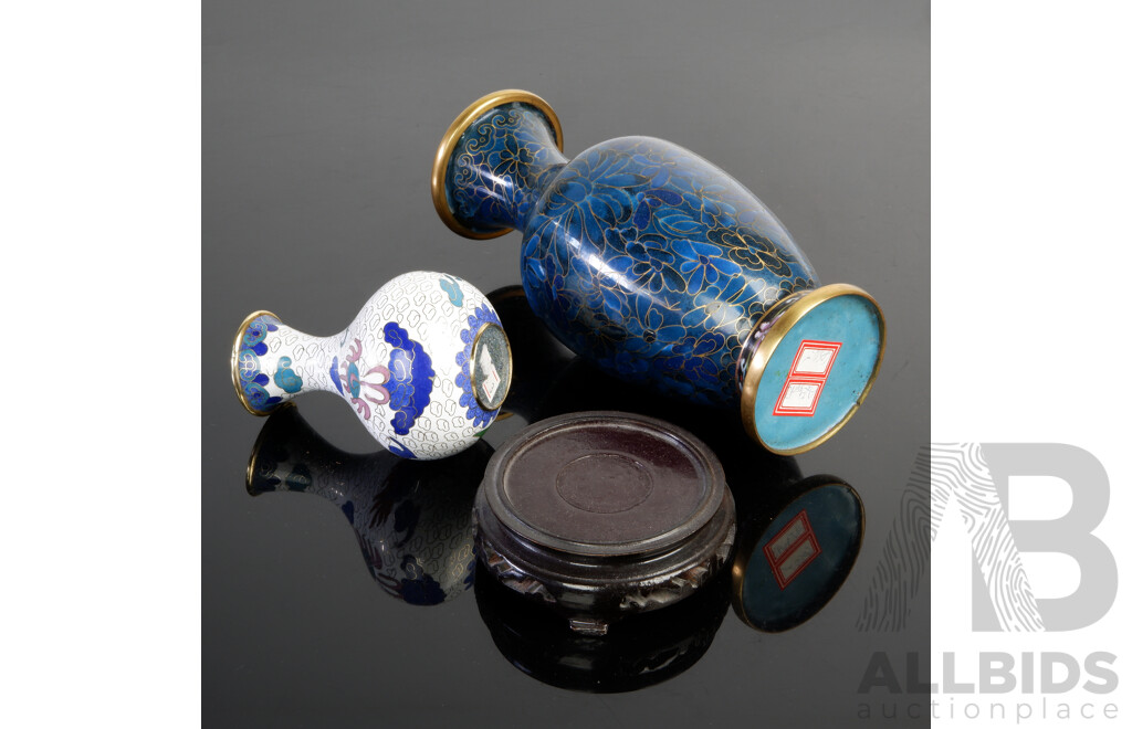 Chinese Cloisonne Vase on Wooden Stand Along with Smaller Example