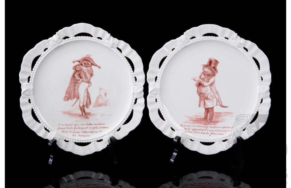 Pair Antique French Hand Decorated Porcelain Plates with Caricatured Scenes