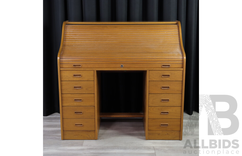 Retro Oak Twin Pedestal Roll Top Desk