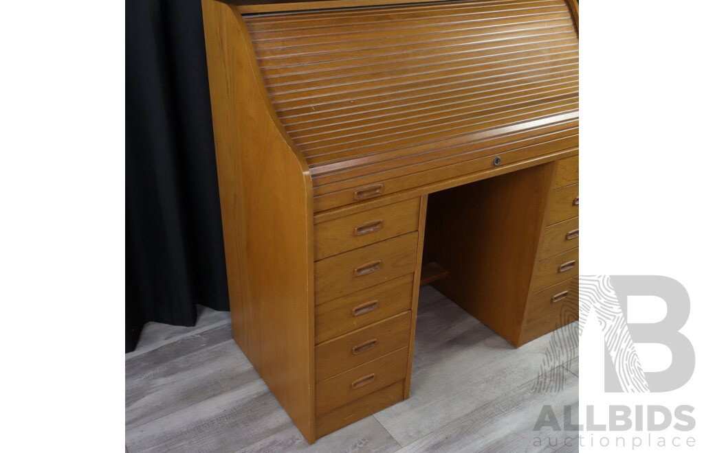 Retro Oak Twin Pedestal Roll Top Desk