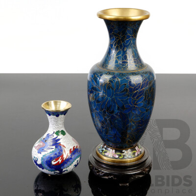 Chinese Cloisonne Vase on Wooden Stand Along with Smaller Example