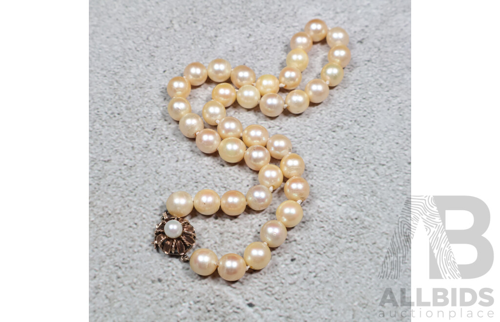 14ct Vintage 8.5mm Cultured Pearl Necklace in Cream with Ornate Gold Pearl Clasp, 38cm