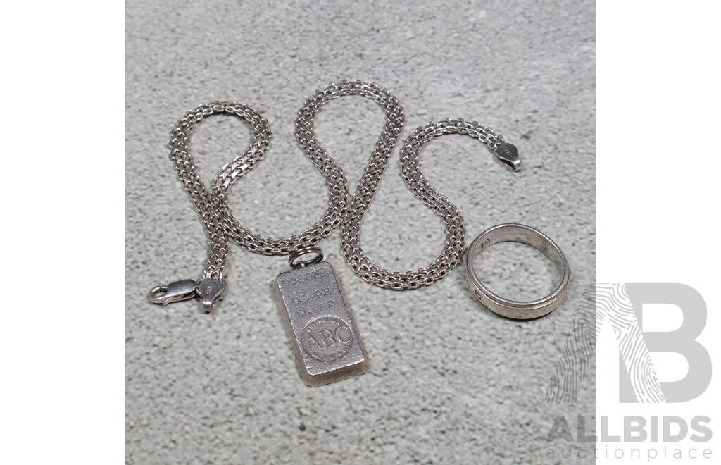 Silver 99.98 ABC Bullion 0.50oz Pendant, Sterling Silver Necklace & A&C Gents Ring with Cz, 31.33 Grams