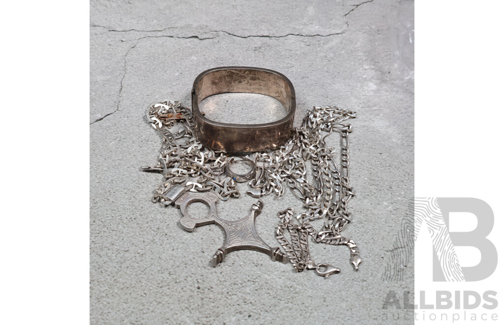 Sterling Silver - Scrap or Wear, 151.90 Grams Including Pendant, Bangle & Chains Missing Clasps