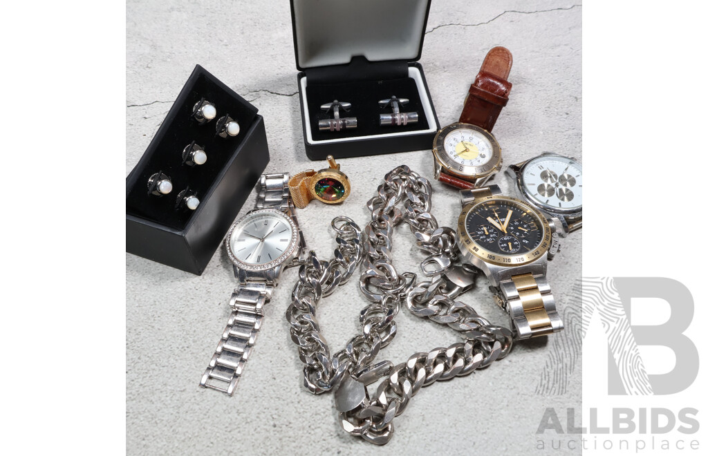 Collection of Watches, Cuffinks and Mens Silver Tone Bracelets