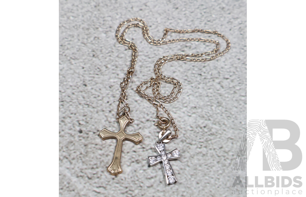 9ct (2) Cross Pendants, 1.55grams on Figaro 3+1 9ct Silver Filled Chain, 45cm