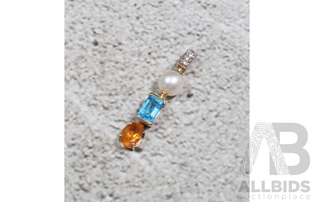 9ct Drop Slider Pendant Set with Diamonds, Topaz, Citrine & Cultured Pearl, 32mm Long, 1.91 Grams