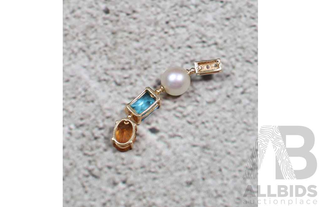 9ct Drop Slider Pendant Set with Diamonds, Topaz, Citrine & Cultured Pearl, 32mm Long, 1.91 Grams