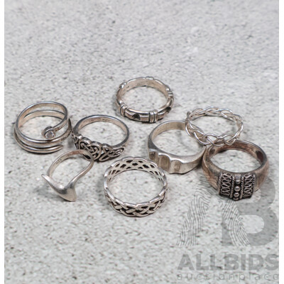 Collection of (8) Sterling Silver Vintage Band Rings, 26.39 Grams