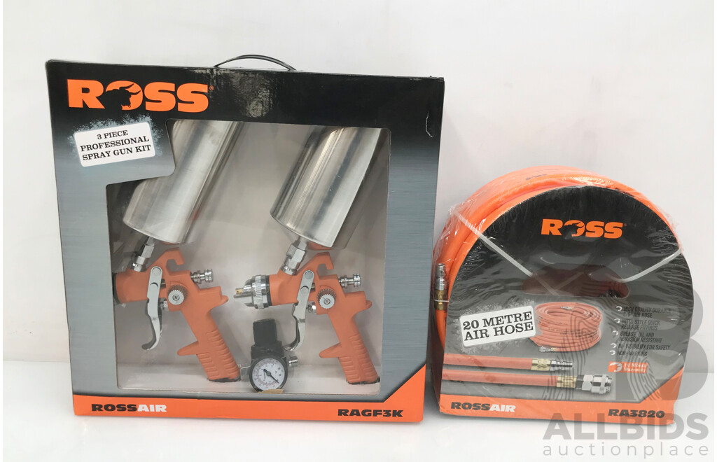 Ross 3 Piece Professional Spray Gun Kit and 20 Metre Air Hose - Lot of 2