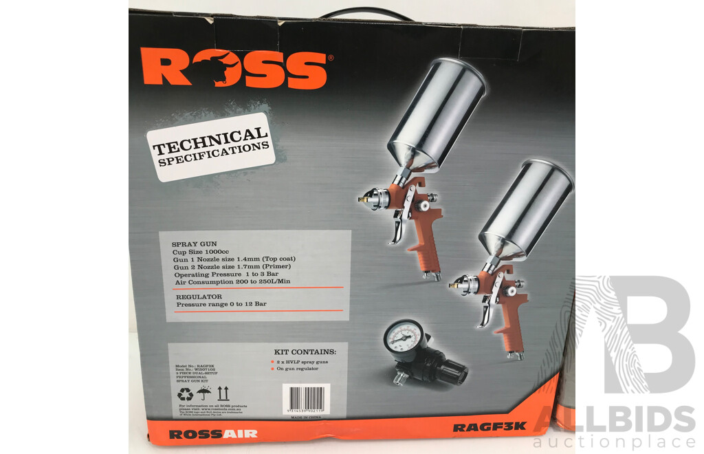 Ross 3 Piece Professional Spray Gun Kit and 20 Metre Air Hose - Lot of 2