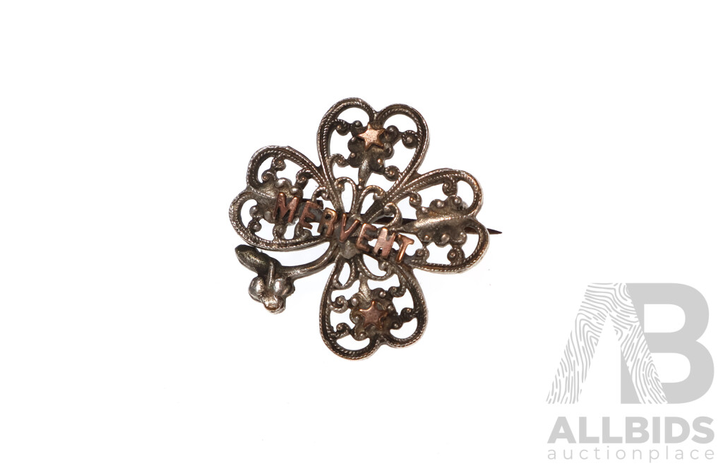 WWI Vintage Sterling Silver MERVENT 'Sweetheart' Brooch with Rose Gold, 3.13 Grams