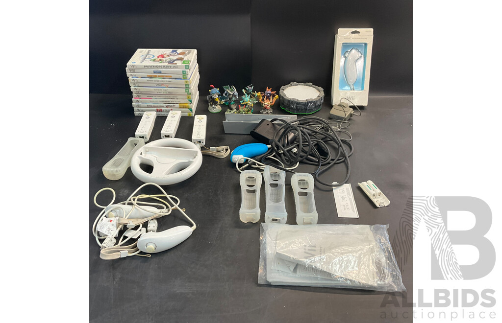 Assorted Nintendo Wii Items - Games, Nunchucks, Controllers, Skylanders Portal and Characters & Cables