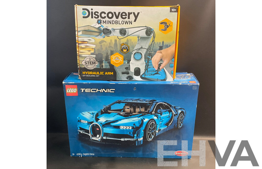 Lego Technic Bugatti Chiron Set (42803) & Discovery Mindblown Hydraulic Arm DIY Building Set - Lot of 2