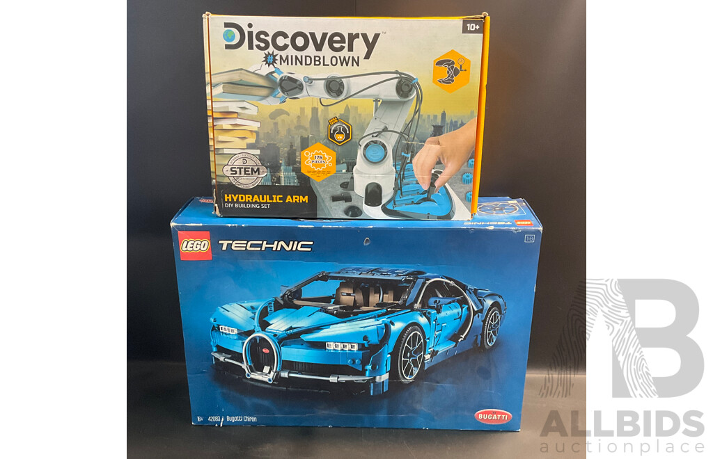 Lego Technic Bugatti Chiron Set (42803) & Discovery Mindblown Hydraulic Arm DIY Building Set - Lot of 2