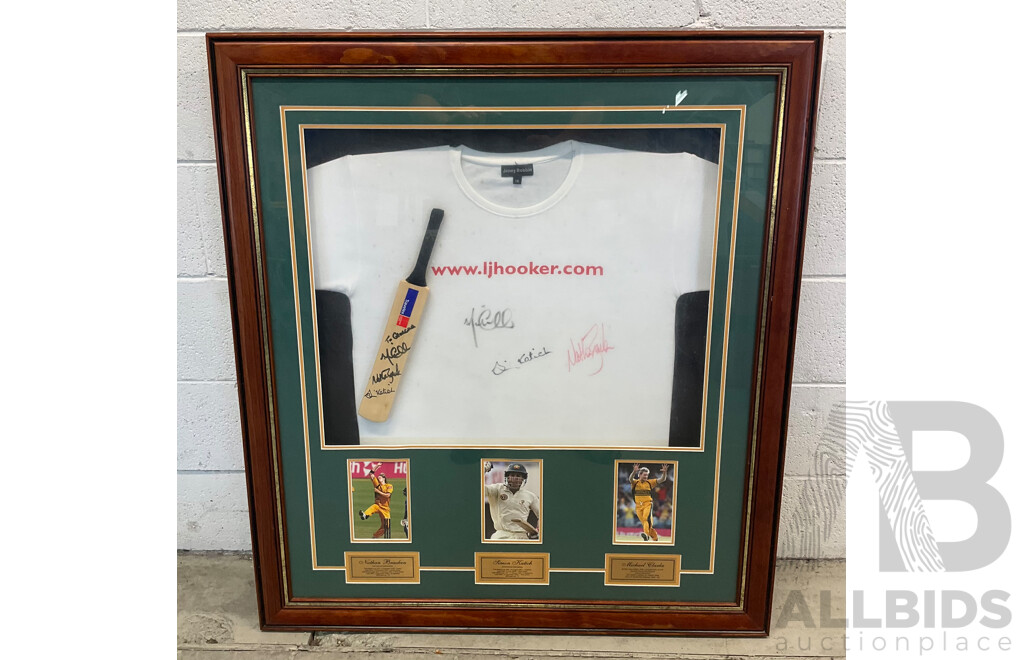 Framed Shirt and Cricket Bat - Signed by Nathan Bracken, Simon Katich & Michael Clarke (103 X 91 Cm)