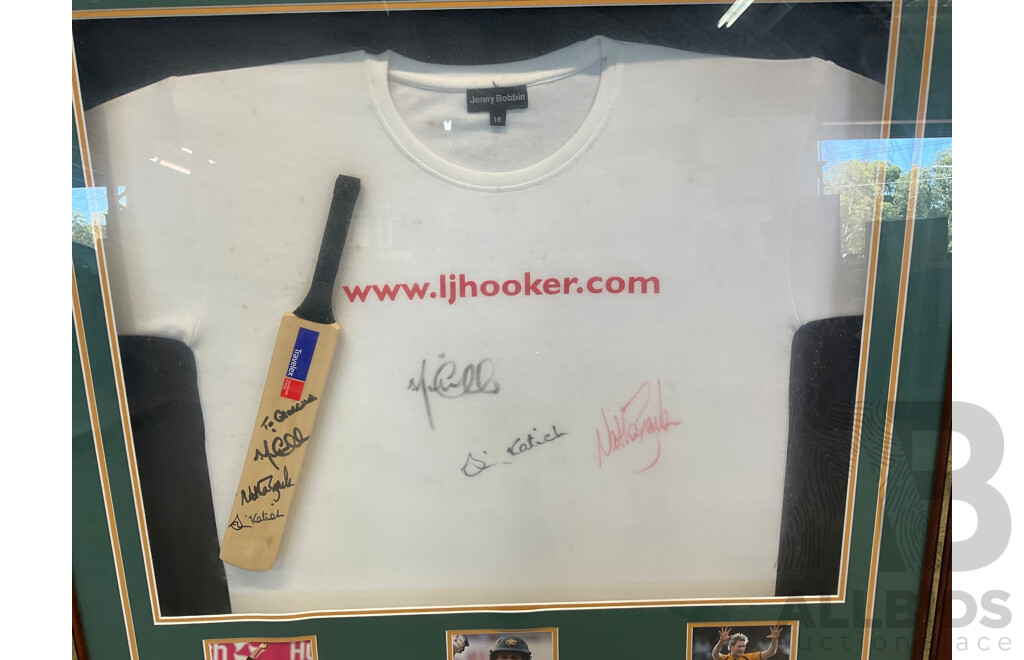 Framed Shirt and Cricket Bat - Signed by Nathan Bracken, Simon Katich & Michael Clarke (103 X 91 Cm)