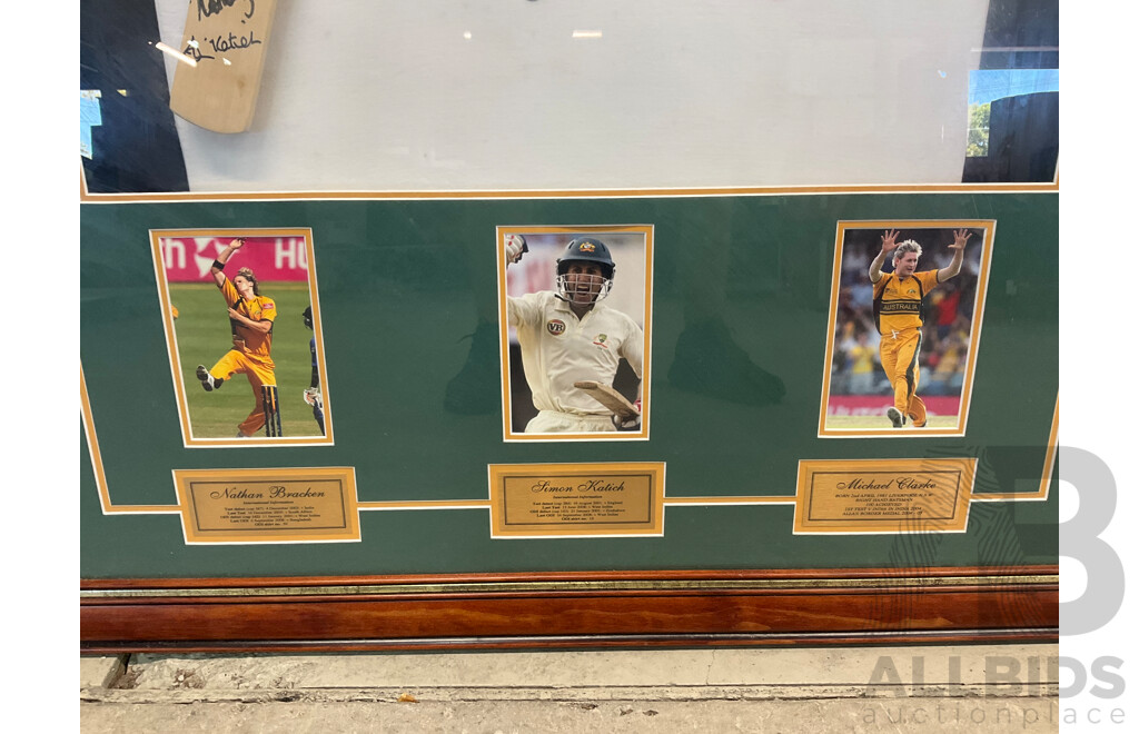 Framed Shirt and Cricket Bat - Signed by Nathan Bracken, Simon Katich & Michael Clarke (103 X 91 Cm)