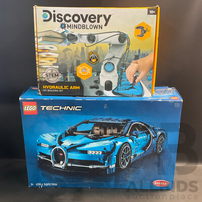 Lego Technic Bugatti Chiron Set (42803) & Discovery Mindblown Hydraulic Arm DIY Building Set - Lot of 2