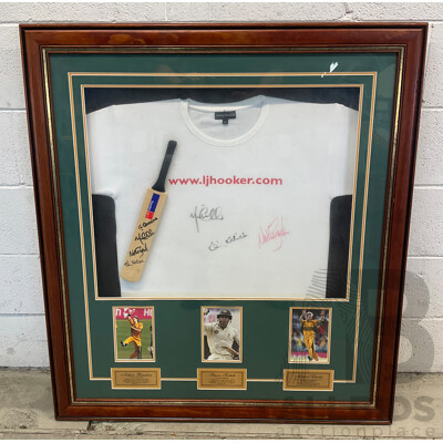 Framed Shirt and Cricket Bat - Signed by Nathan Bracken, Simon Katich & Michael Clarke (103 X 91 Cm)