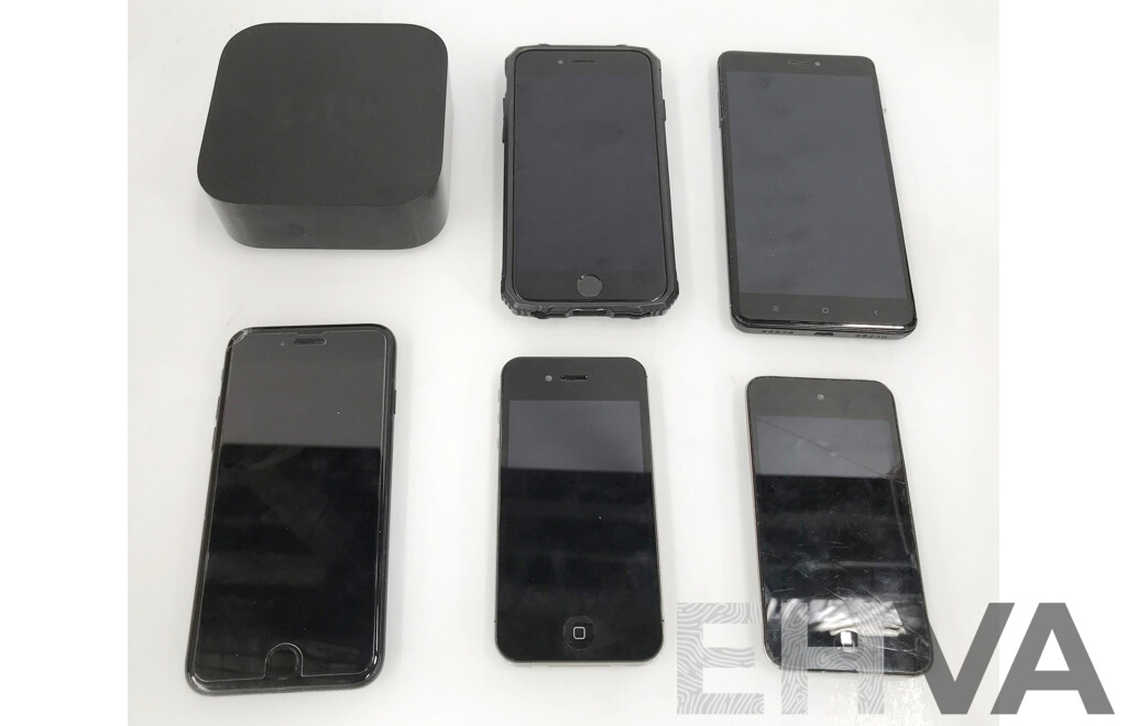 Assorted Apple IPhones, Apple TV 4K, IPod, Xiaomi Redmi Note 4 Pro, and Amazon Kindles