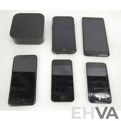 Assorted Apple IPhones, Apple TV 4K, IPod, Xiaomi Redmi Note 4 Pro, and Amazon Kindles