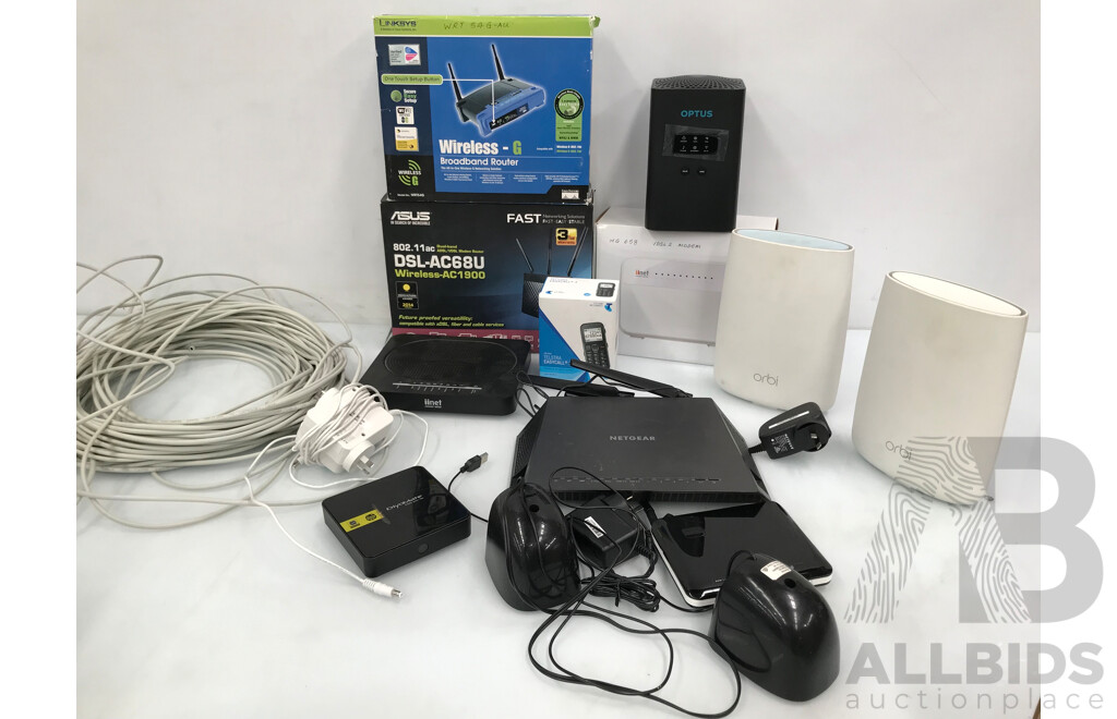 Assorted Network Modems & Routers, Mobile Phone, and Cables