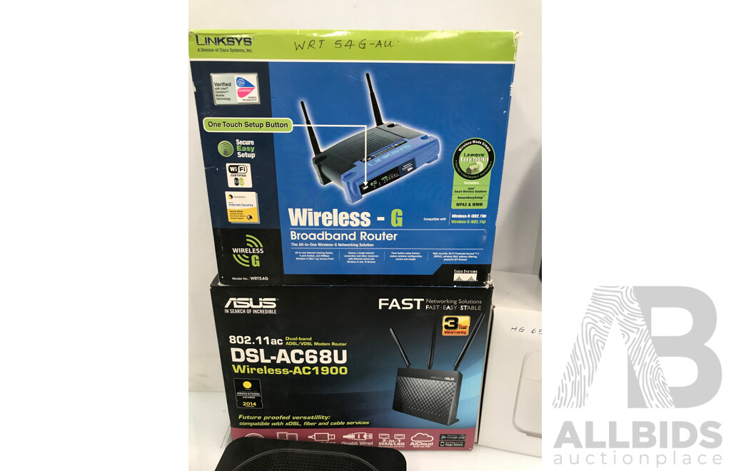 Assorted Network Modems & Routers, Mobile Phone, and Cables