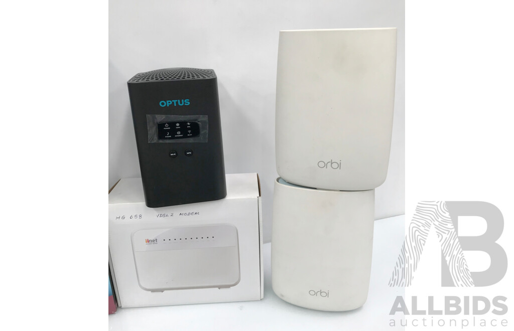 Assorted Network Modems & Routers, Mobile Phone, and Cables