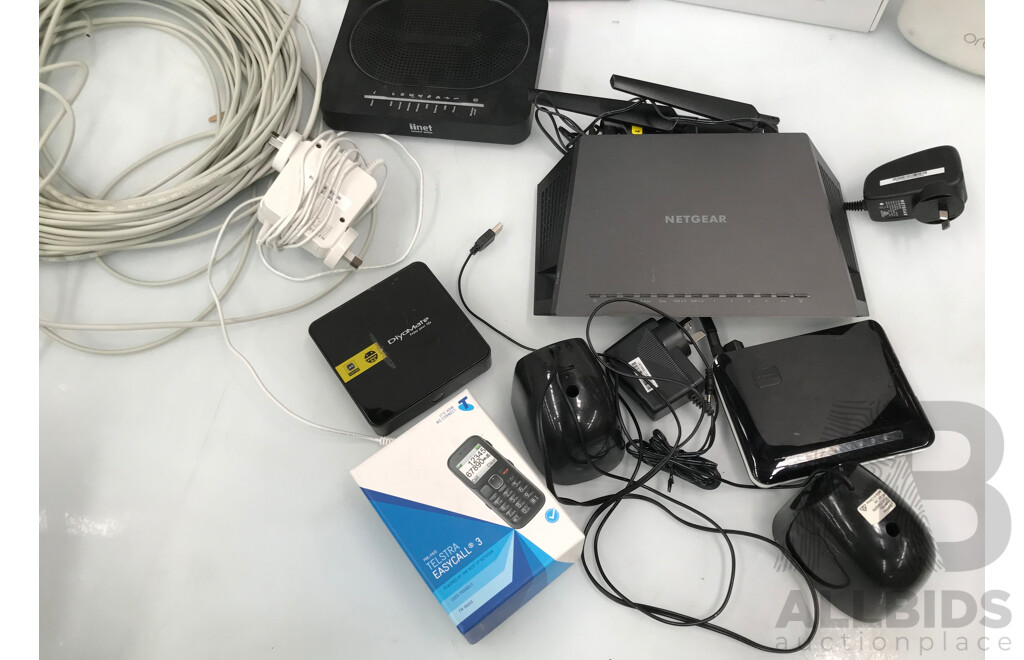 Assorted Network Modems & Routers, Mobile Phone, and Cables
