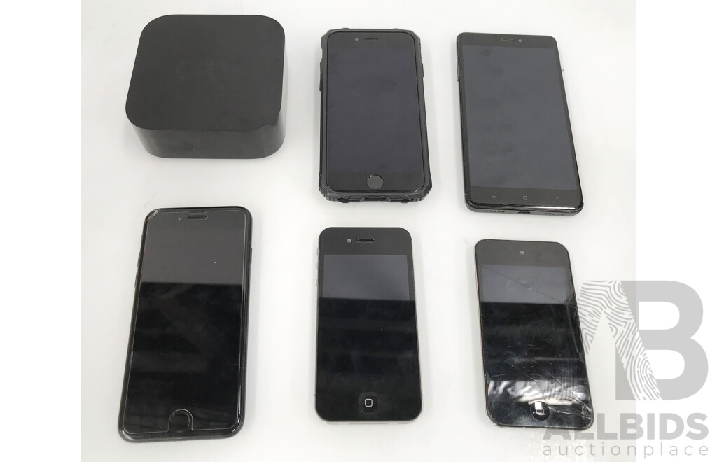 Assorted Apple IPhones, Apple TV 4K, IPod, Xiaomi Redmi Note 4 Pro, and Amazon Kindles