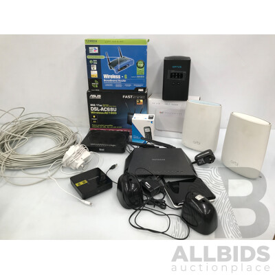 Assorted Network Modems & Routers, Mobile Phone, and Cables