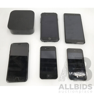 Assorted Apple IPhones, Apple TV 4K, IPod, Xiaomi Redmi Note 4 Pro, and Amazon Kindles