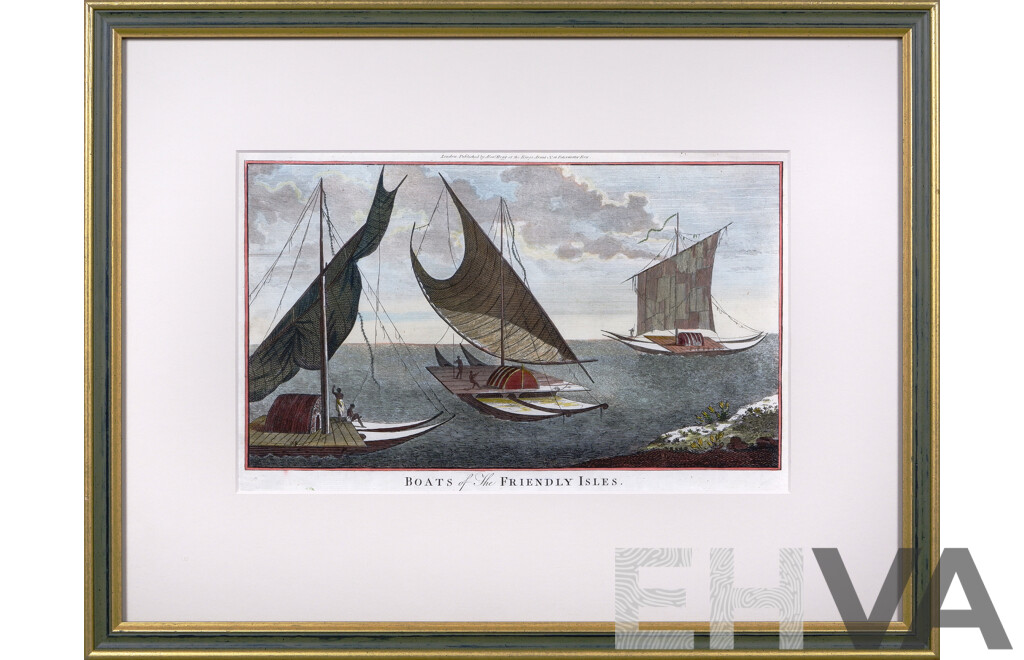 Framed Hand-Coloured Antique Engraving After William Hodges (British, 1744-1797), Boats of the Friendly Isles, Hand Coloured Etching