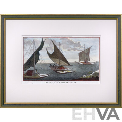 Framed Hand-Coloured Antique Engraving After William Hodges (British, 1744-1797), Boats of the Friendly Isles, Hand Coloured Etching