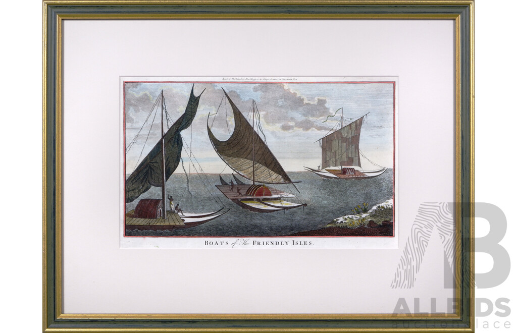 Framed Hand-Coloured Antique Engraving After William Hodges (British, 1744-1797), Boats of the Friendly Isles, Hand Coloured Etching