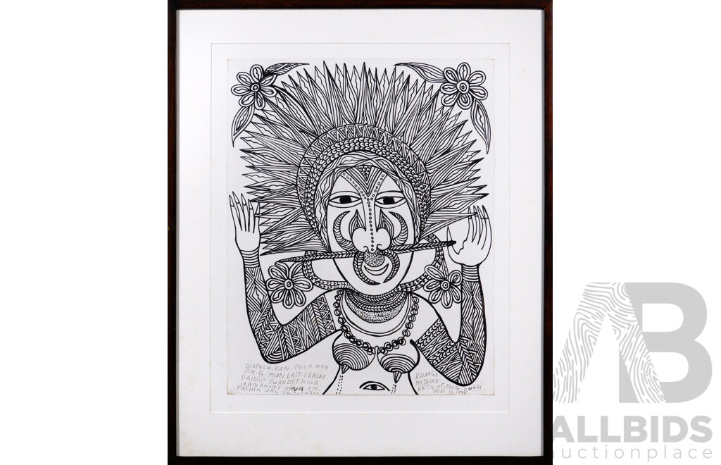 Mathias Kauage, (20th Century, PNG,1944-2003), PNG Woman, Ink Marker on Heavy Paper, 90 x 74 cm (frame)