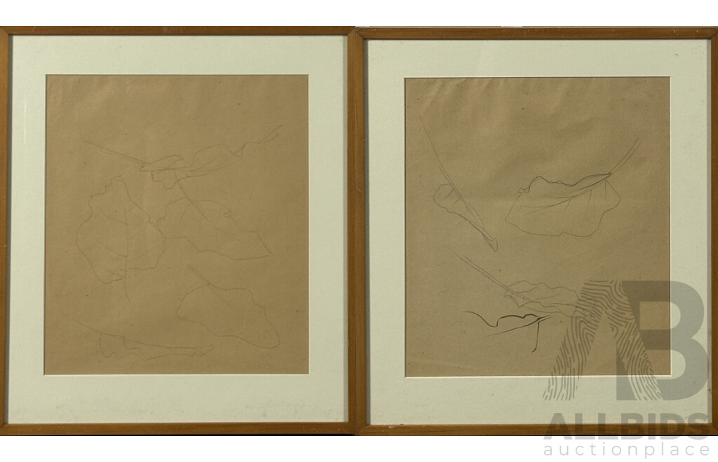 Unknown Artist, (Japanese School), Leaf Studies I and II, Pair of Ink and Pencil on Paper Works, 44 x 38 cm (frames) (2)