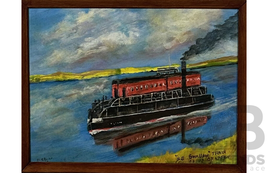 Artist Unknown, (Possibly E. Shear), (Australian, Working 1980s), S.S. Swallow, Train Ferry, Grafton, Oil on Masonite, 35 x 45 cm (frame)