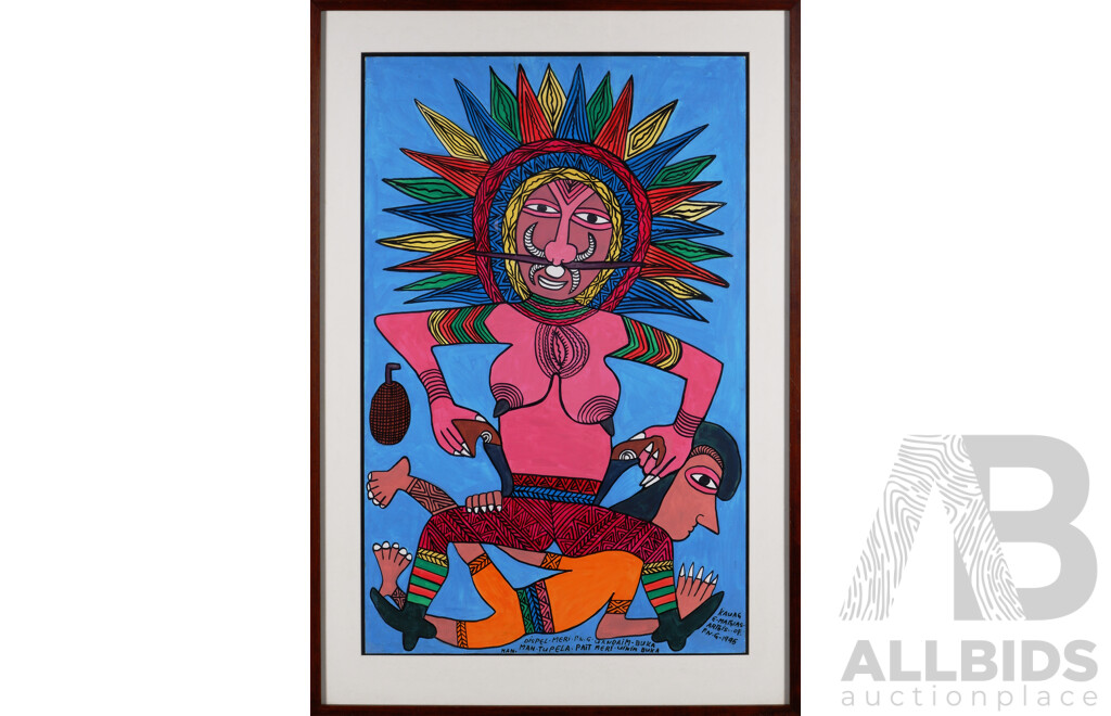 Mathias Kauage, (20th Century, PNG,1944-2003), PNG Woman with Man, Acrylic, Pen and Pencil on Card (1995), 122 x 83 cm (frame)