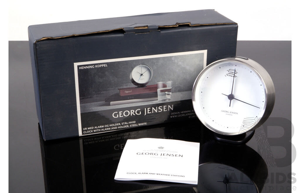 Georg Jensen Clock with Alarm and Holder, Steel, Designed by Henning Koppel, in Original Box