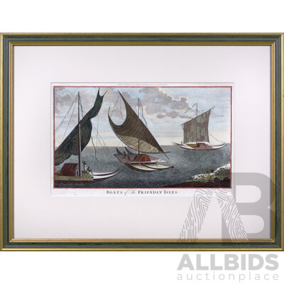 Framed Hand-Coloured Antique Engraving After William Hodges (British, 1744-1797), Boats of the Friendly Isles, Hand Coloured Etching