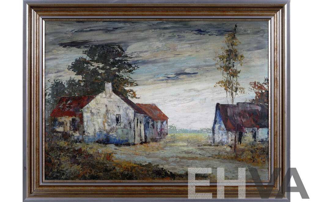 Artist Unknown, (20th Century), Country Homestead, Wonderful Vintage Oil on Canvas, 40 x 69 cm (image)