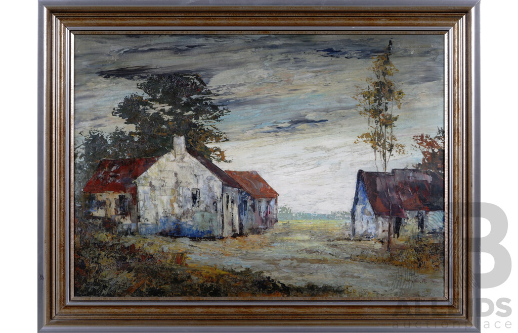 Artist Unknown, (20th Century), Country Homestead, Wonderful Vintage Oil on Canvas, 40 x 69 cm (image)