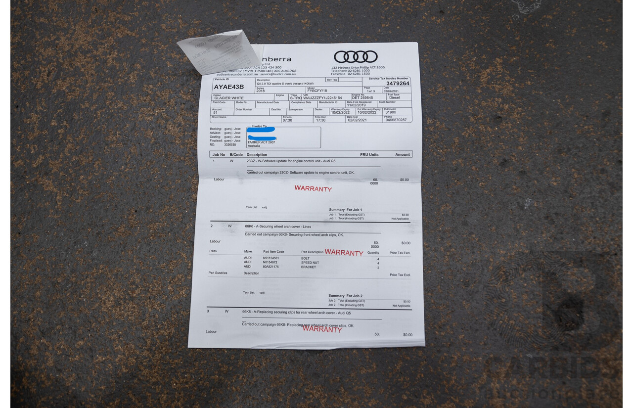 01/2019 Audi Q5 40 TDI QUATTRO DESIGN (AWD) FY MY19 4D Wagon Glacier White Turbo Diesel 2.0L