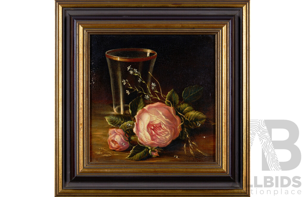 JK, (Circa 1920s), Still Life - Vintage Roses with Glass, Oil on Board, 16 x 16 cm (image)