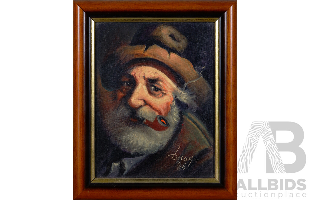 Bruy, (Exact Date Unknown), Old Fisherman with Pipe, Lovely Vintage Oil on Canvas, 22 x 18 cm (frame)