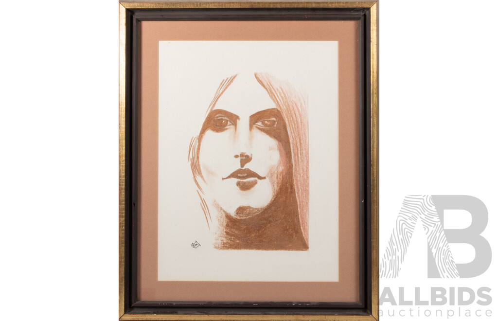 James Cleland (20th Century, Australian), 'Katie', Original Vintage Crayon, Charcoal and Pencil Sketch, 62 X 51 Cm (frame)