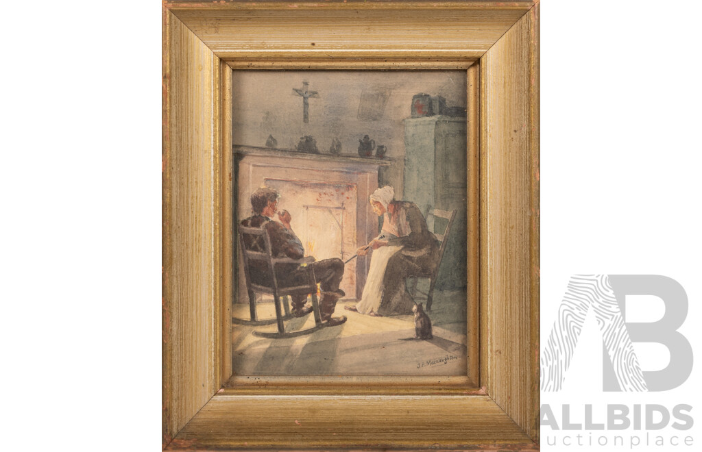 John. H. Macnaughton, (19th Century, Canadian, Active 1876-1899), Stoking the Fire, Beautiful Antique Pencil & Watercolour, 24 x 20 cm (frame)