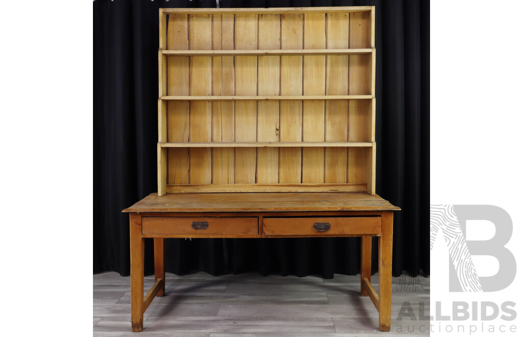 Vintage Pine Kitchen Table with Applied Hutch